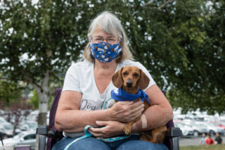 A wiener dog in a blue scarf, held by its trainer who is wearing a blue wiener-dog mask