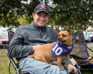 Wiener wannabe in a purple "10" scarf sits in its person's lap