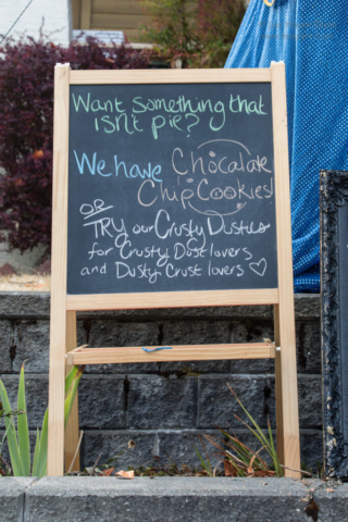 A chalkboard reads, "Want something that isn't pie?" and lists other treats available.