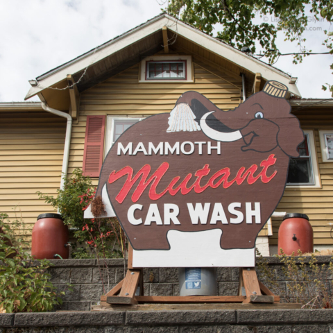 A brown sign with an elephant reads, "Mammoth Mutant Car Wash."