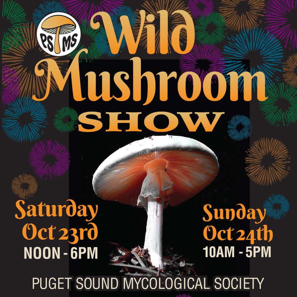 Puget Sound Mycological Society poster for their annual Wild Mushroom Show, held 23-24 October 2021