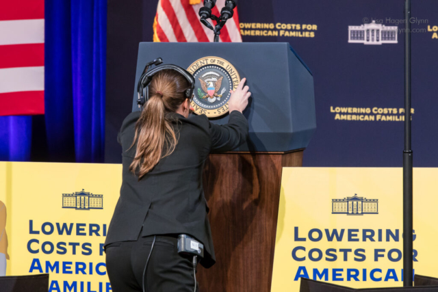The Presidential Seal is applied to the lectern.