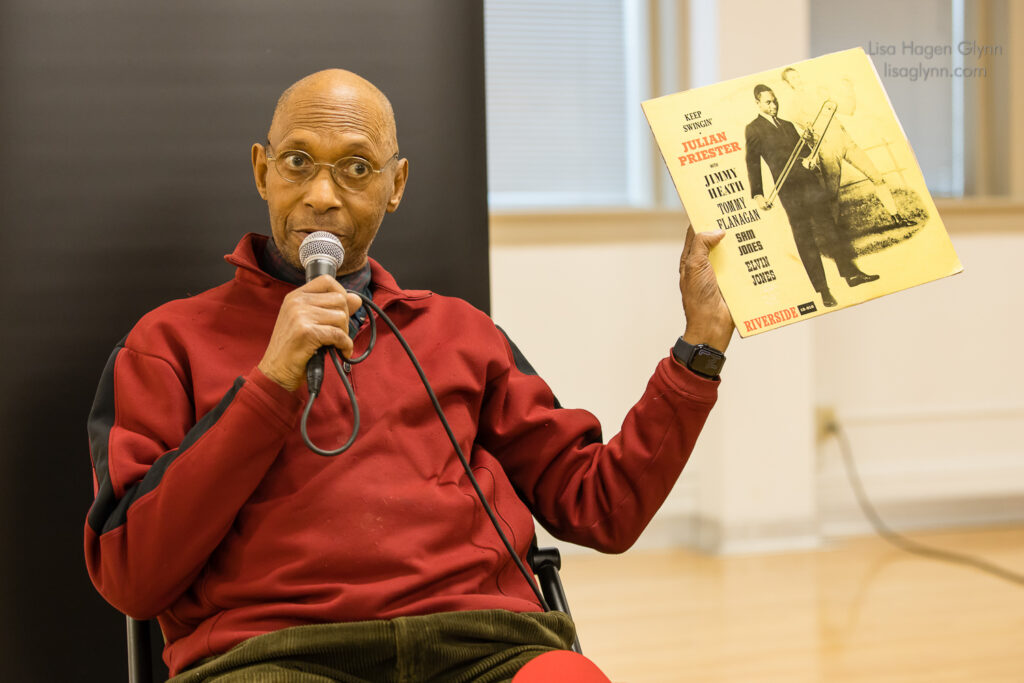 Julian Priester holds his first jazz album, Keep Swingin' (photo: Lisa Hagen Glynn).